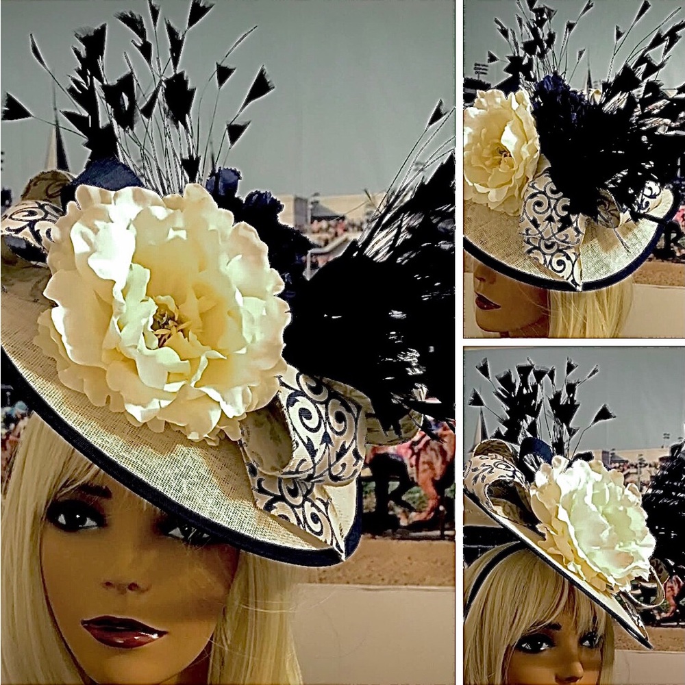 Ivory & Navy Blue Derby Fascinator Hat with Floral and Feather Accents